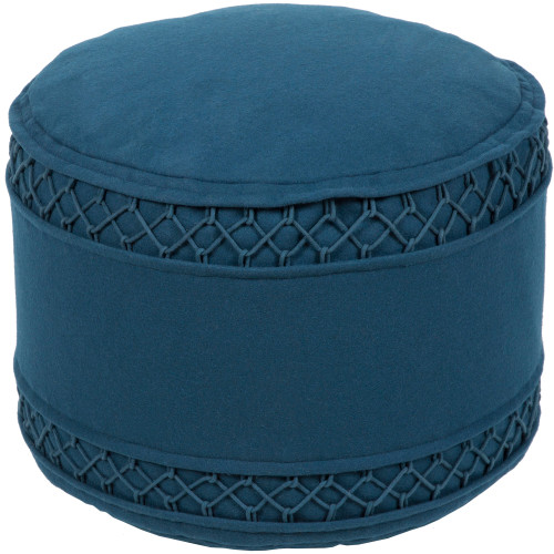 20" Dark Blue Appliqued and Textured Felted Wool Round Pouf Ottoman - IMAGE 1
