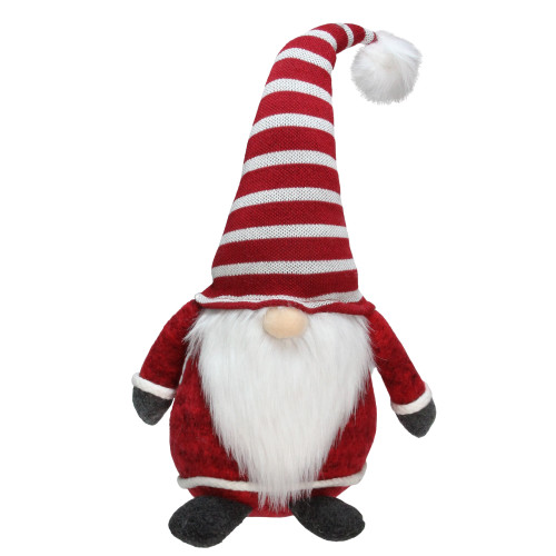 15" Red and White Gnome with Striped Hat and Beard Christmas Decoration - IMAGE 1