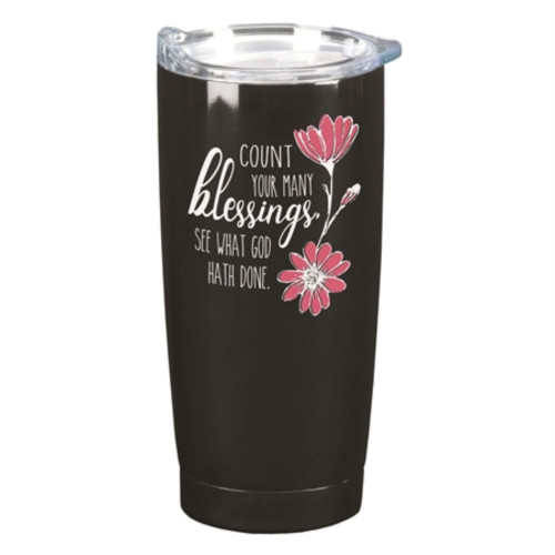 7" Black and Pink Floral Designed Inspirational Quoted Tall Lidded Tumbler, 20oz. - IMAGE 1