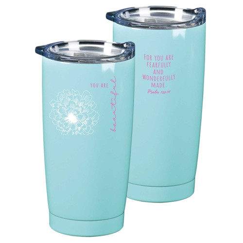 7" Blue and Pink Religious Theme Psalm Printed Floral Tumbler, 20oz. - IMAGE 1