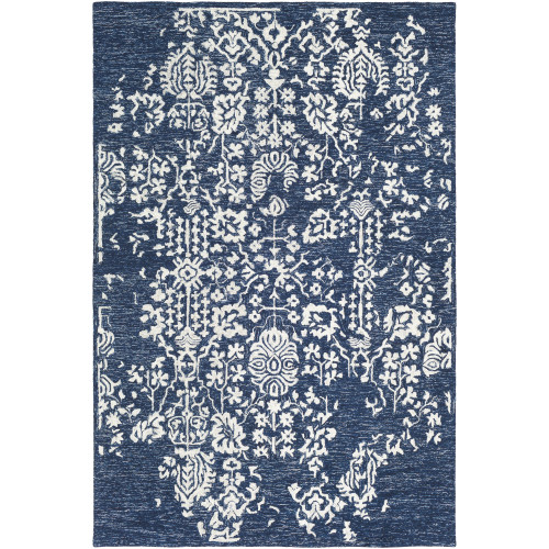 5' x 7.5' Floral Regal Navy Blue and White Rectangular Hand Tufted Wool Rug - IMAGE 1