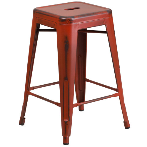 24'' Red Distressed Backless Industrial Style Outdoor Patio Counter Height Stool - IMAGE 1