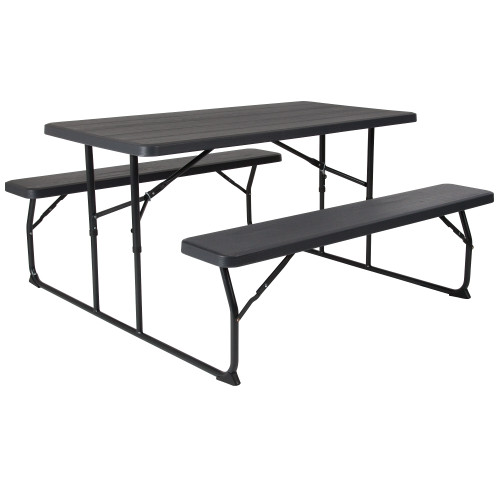 58.25" Gray and Black Insta-Fold Folding Picnic Table and Benches Set - IMAGE 1