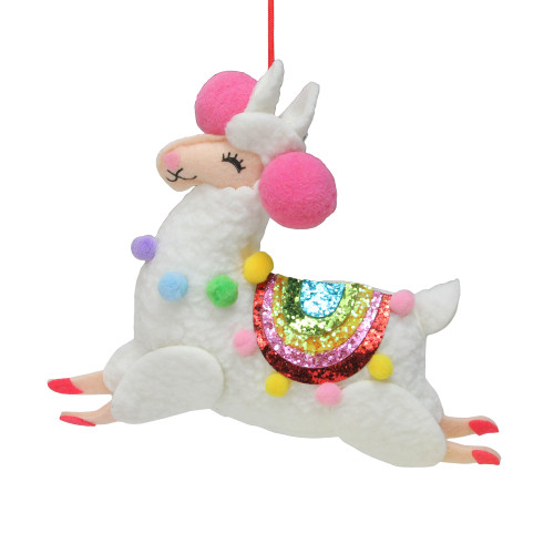 7.5" White Plush Llama with Rainbow Saddle Christmas Ornament - IMAGE 1