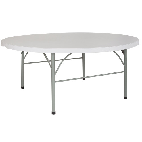 71" White Round Bi-Fold Event Folding Table with Carrying Handle - IMAGE 1