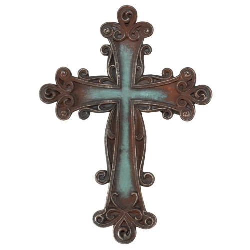 Faux Bronze Patina Wall Cross with Ornamental Swirl - 10.75" - IMAGE 1