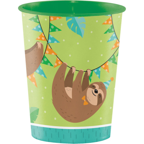 Club Pack of 12 Green and Brown Sloth Party Plastic Drinking Party Tumbler Cups 16 oz. - IMAGE 1