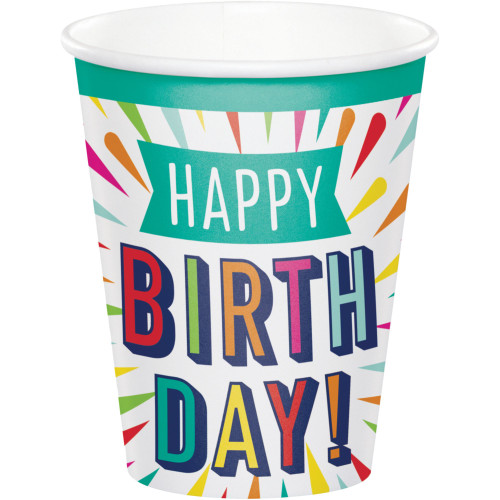 Club Pack of 96 White Birthday Burst Cups Disposable Paper Drinking Party Tumbler Cups 9 oz. - IMAGE 1