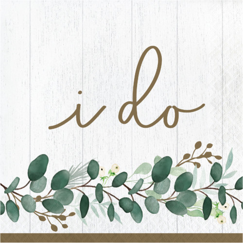 Club Pack of 192 Green and Brown " I Do " Eucalyptus 2-Ply Luncheon Napkins - IMAGE 1