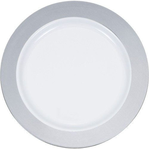 Club Pack of 120 White and Silver Metallic Rim Disposable Plastic Round Party Plates 7" - IMAGE 1