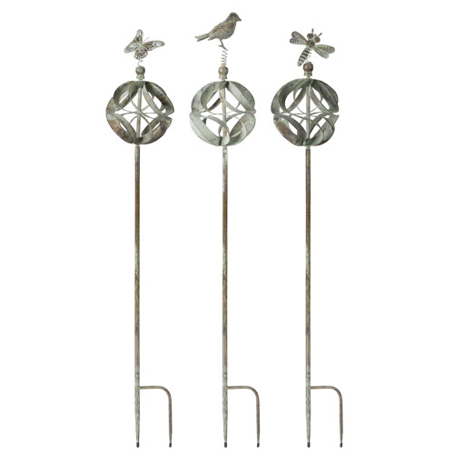 Set of 3 Gray Standing Garden Stake with Butter Fly, Bird and Dragon Fly Design - 60" - IMAGE 1