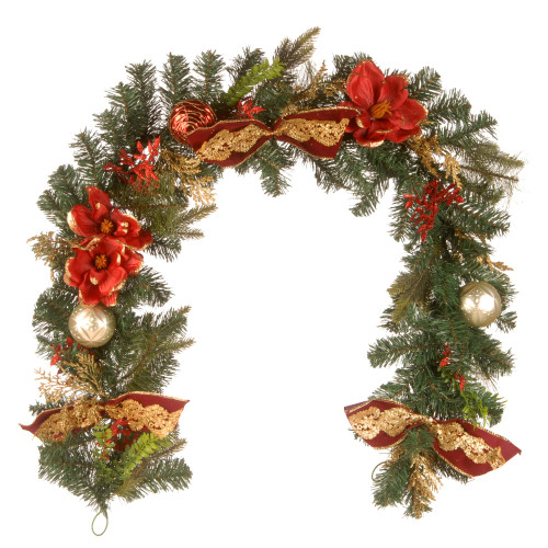 6' x 1" Evergreen with Ball Ornaments, Poinsettia, and Bow Artificial Christmas Garland, Unlit - IMAGE 1