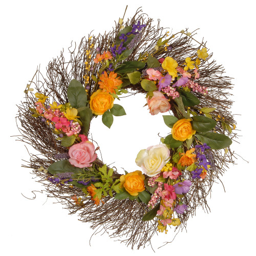 Bristle Twigs Spring Wildflower Wreath, Green and Brown 24-Inch - IMAGE 1