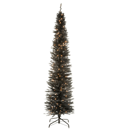 7’ Pre-Lit Black Pencil Tinsel Artificial Christmas Tree, White Lights - IMAGE 1