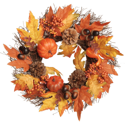 Pumpkins and Maple Leaves Artificial Fall Harvest Wreath, 16-Inch - IMAGE 1