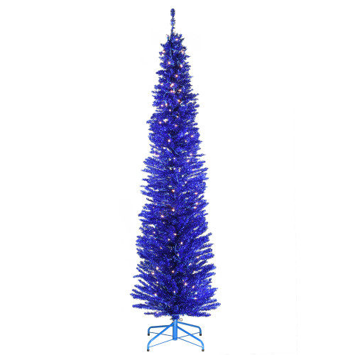 7' Pre-Lit Slim Blue Tinsel Artificial Christmas Tree, White Lights - IMAGE 1