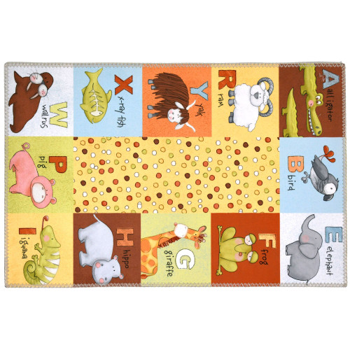 1.6' x 2.5' Alphabet Animals Yellow and Brown Rectangular Area Throw Rug - IMAGE 1