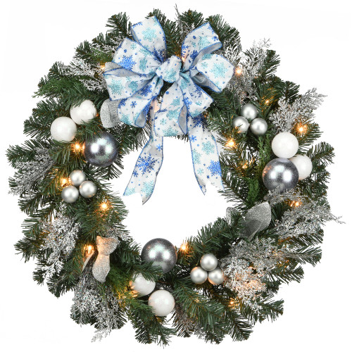 Pre-Lit Artificial Christmas Wreath with Ornaments - 32-Inch, Clear Lights - IMAGE 1