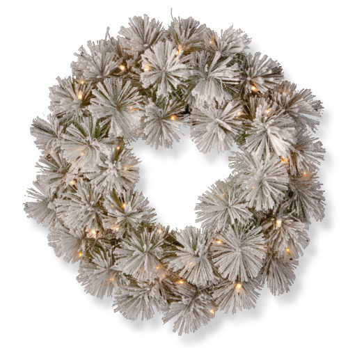 Pre-Lit Flocked Bristle Pine Artificial Christmas Wreath, 24-Inch, White LED Lights - IMAGE 1