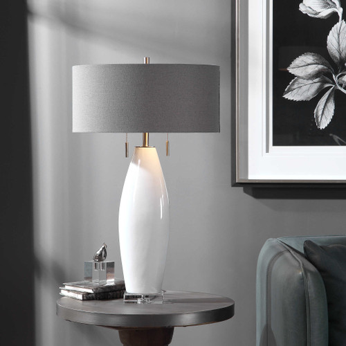29.75" Contemporary Ceramic Table Lamp with Gray Round Hardback Shade - IMAGE 1