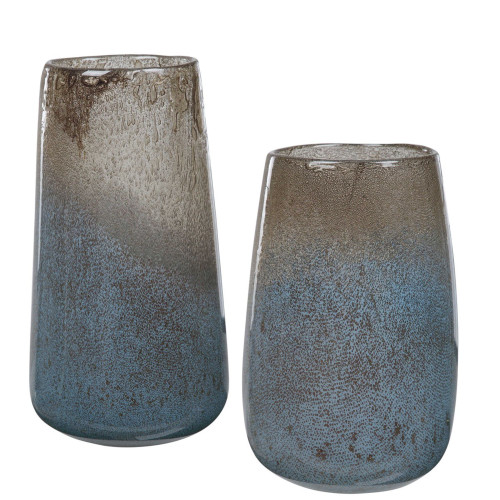Set of 2 Blue and Taupe Contemporary Vases 13" - IMAGE 1