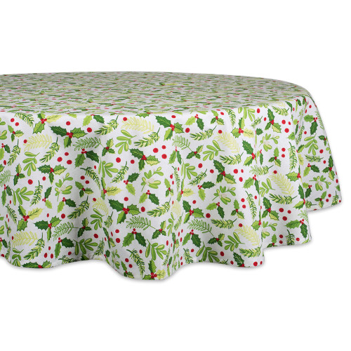 Green and White Boughs of Holly Print Round Christmas Tablecloth 70" - IMAGE 1