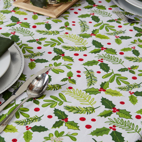 Holly Bundle and Berries Tablecloth - Holiday Decorating in Traditional Red and Hunter Green
