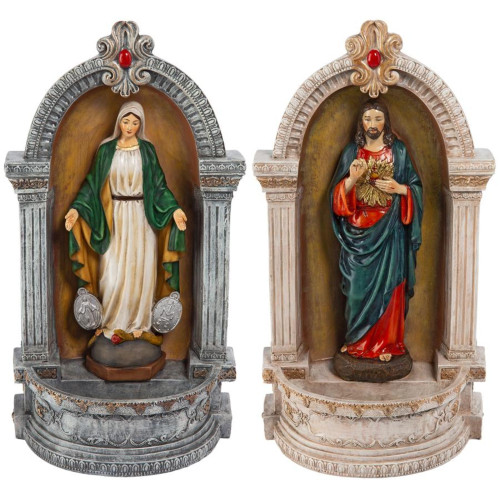 Set of 2 Red Antique Style Jesus and Virgin Mary Font Statues 12" - IMAGE 1
