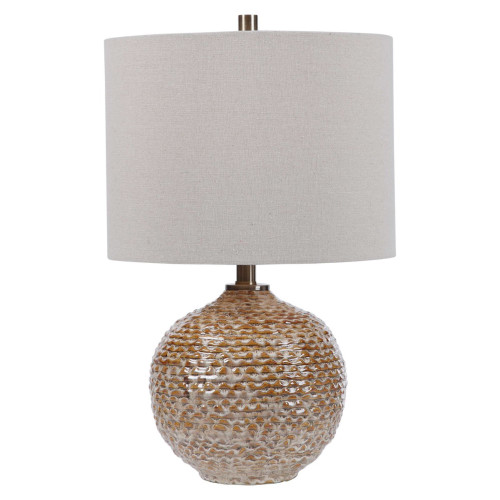 Ribbed Ceramic Table Lamp with White Drum Shade - 22" - Brown - IMAGE 1