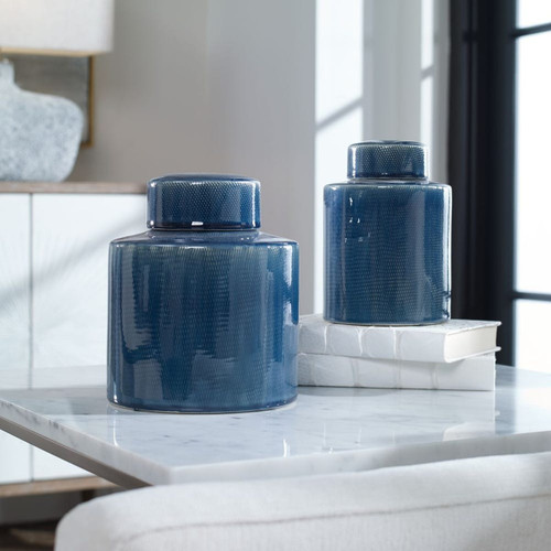 Geometric Ceramic Containers with Lift-off Lids - 8" - Sapphire Blue - Set of 2 - IMAGE 1