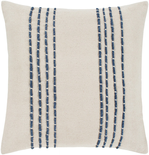 20" Cream and Navy Blue Striped Embroidered Throw Pillow - Poly Filled - IMAGE 1