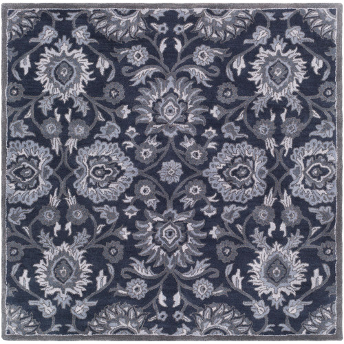4' Botanical Motifs Navy Blue and Gray Hand Tufted Square Area Throw Rug - IMAGE 1