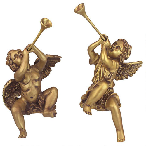 Set of 2 Gold & Brown Trumpeting Angels Outdoor Patio Garden Statues 13