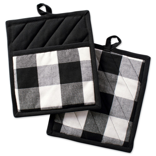 Buffalo Check Quilted Kitchen Potholders - 9" - Black and White - Set of 2 - IMAGE 1