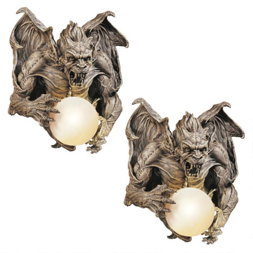 Merciless the Gargoyle Lighted Wall Sculptures - 17" - Brown and White - Set of 2 - IMAGE 1