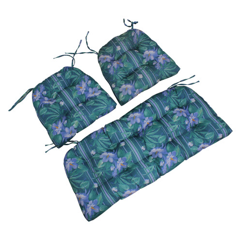 3pc Blue and Green Floral Tufted Wicker Furniture Outdoor Patio Cushions 41" - IMAGE 1