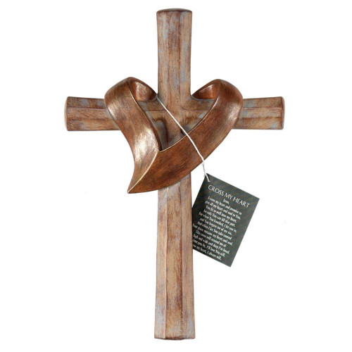 11" Brown Heart Draped Religious Wall Cross - IMAGE 1