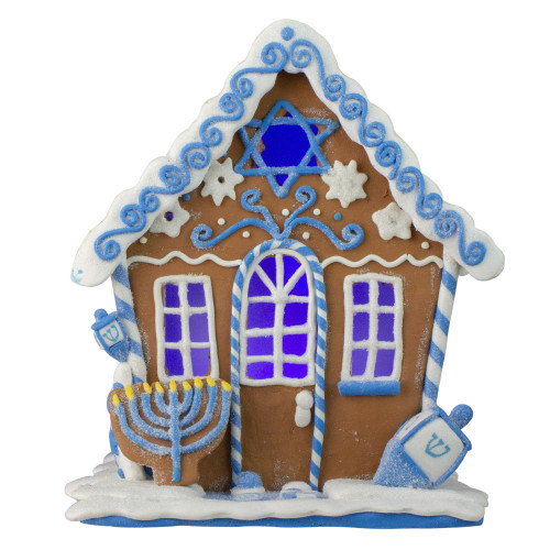 LED Lighted Festive Hanukkah Gingerbread House - 8" - White and Blue - IMAGE 1