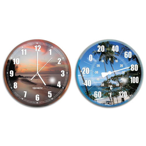 Set of 2 Yellow and Blue HydroTools Celsius and Fahrenheit Swimming Pool Thermometer and Wall Clock 12" - IMAGE 1