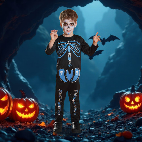 Black and Blue Skeleton One Piece Boy Child Halloween Costume - Small - IMAGE 1
