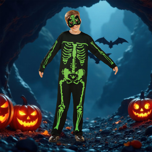 Black and Green Skeleton Boy Child Halloween Costume - Medium - IMAGE 1