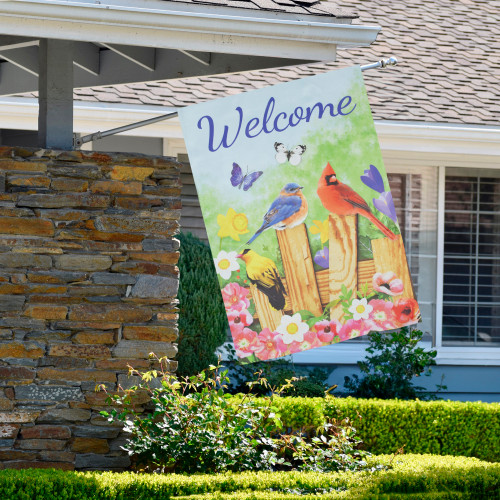 Welcome Birds on a Fence Outdoor House Flag 28" x 40" - IMAGE 1