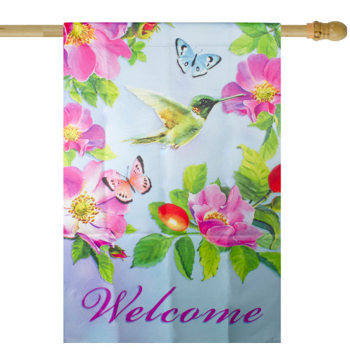 Welcome Hummingbird Floral Outdoor House Flag 28" x 40" - IMAGE 1