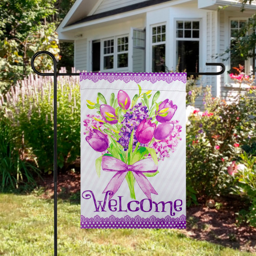 Welcome Purple Floral Bouquet Outdoor Garden Flag 12.5" x 18" - IMAGE 1