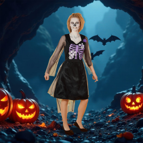 Black and Purple Skeleton Bride Women Adult Halloween Costume - Large - IMAGE 1
