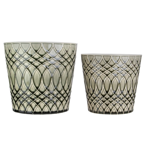 Set of 2 Black and Gray Geometric Patterned Planters 6.5" - IMAGE 1