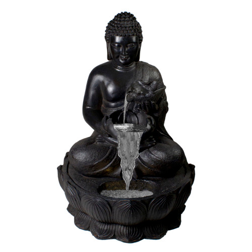 31.5" Black Buddha in a Flower Outdoor Garden Water Fountain - IMAGE 1