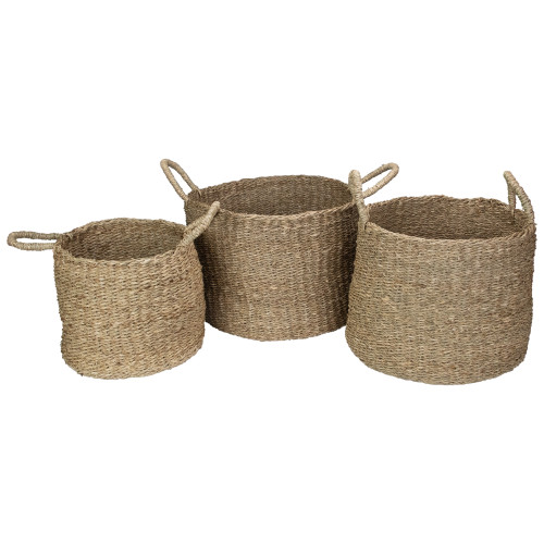 Set of 3 Natural Beige Round Seagrass Table and Floor Baskets - IMAGE 1