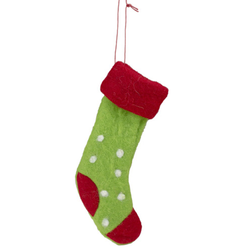 9.5" Green and Red Polka Dotted Felt Christmas Stocking Ornament - IMAGE 1