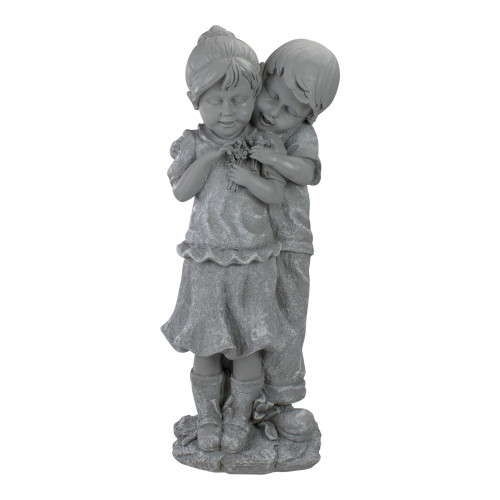 19.5" Gray Boy Hugging Girl Outdoor Garden Statue - IMAGE 1